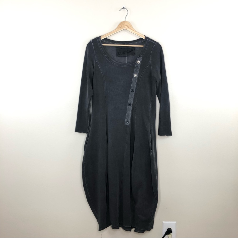 Luukaa Charcoal Asymmetrical Button Midi Dress